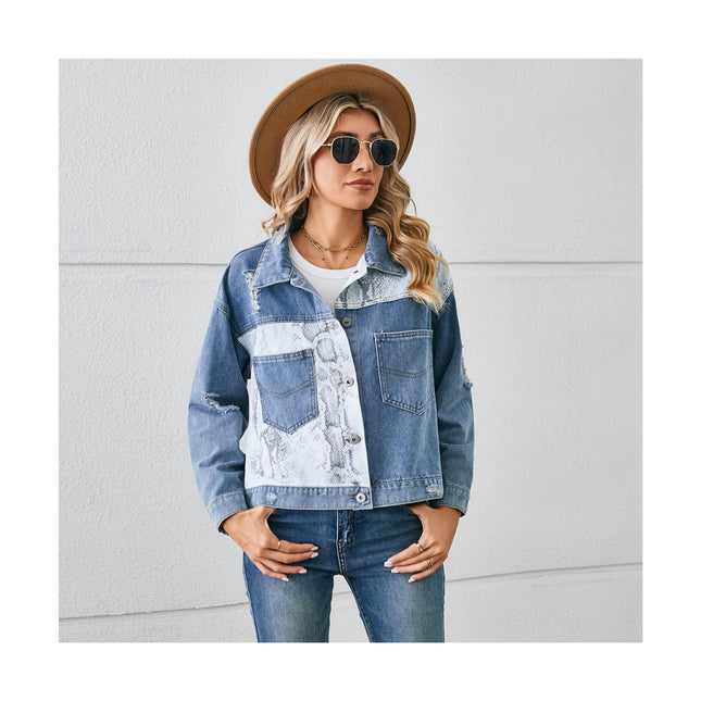 Women's Cropped Long Sleeves Button Down Printed Denim Jean Jackets