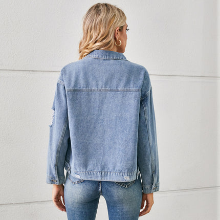 Women's Cropped Long Sleeves Button Down Printed Denim Jean Jackets