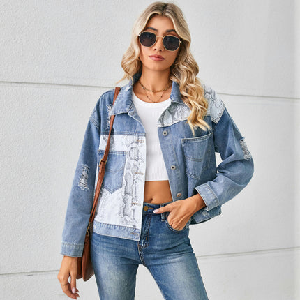 Women's Cropped Long Sleeves Button Down Printed Denim Jean Jackets
