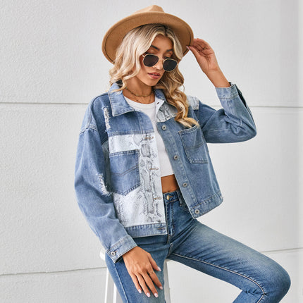 Women's Cropped Long Sleeves Button Down Printed Denim Jean Jackets