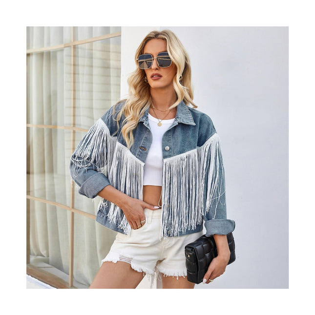 Women Tassel Denim Jean Jacket Cropped Long Sleeve Denim Jacket