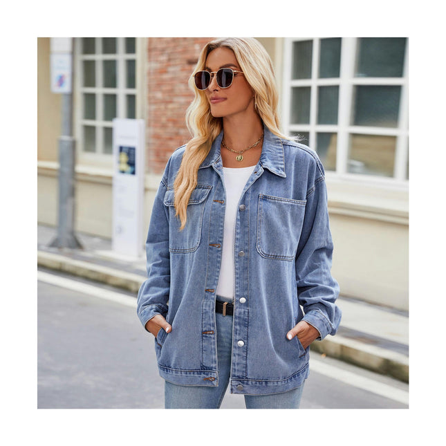 Women's Washed Denim Jacket Casual Long Sleeve Jean Jacket with Pockets