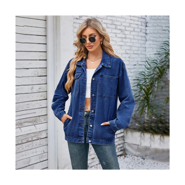 Women's Loose Denim Jacket Long Sleeve Button Jean Coat