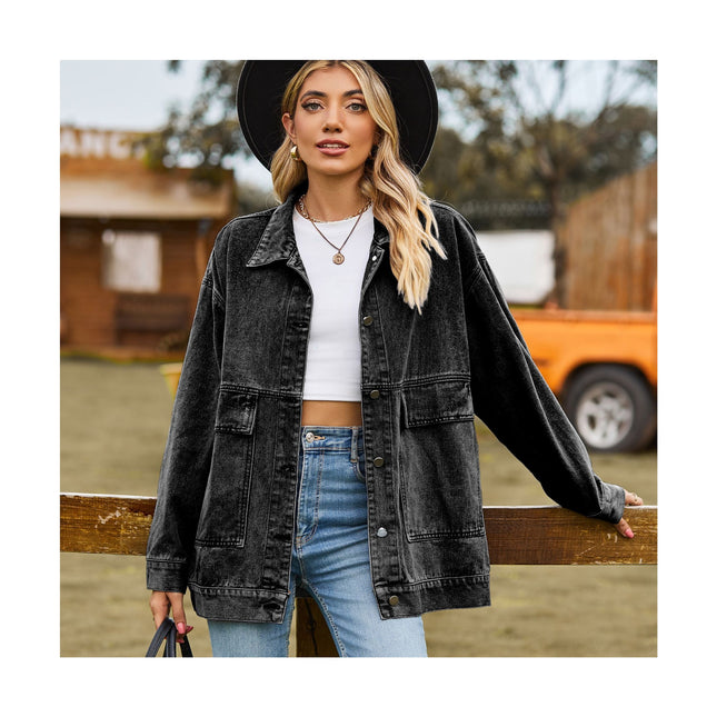 Women's Denim Jackets Casual Button Down Long Sleeve Loose Jean Jacket Coat