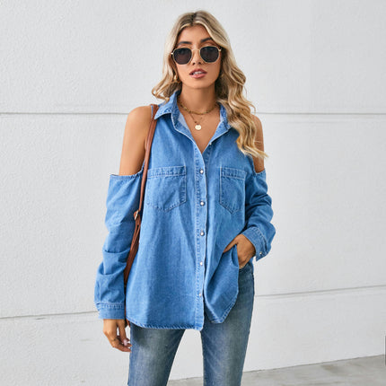 Women's Long Sleeve V Neck Loose Button Down Denim Shirt Tops