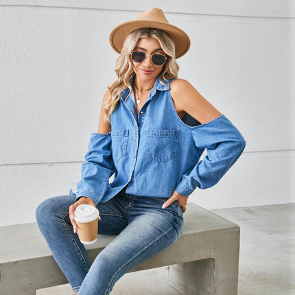 Women's Long Sleeve V Neck Loose Button Down Denim Shirt Tops