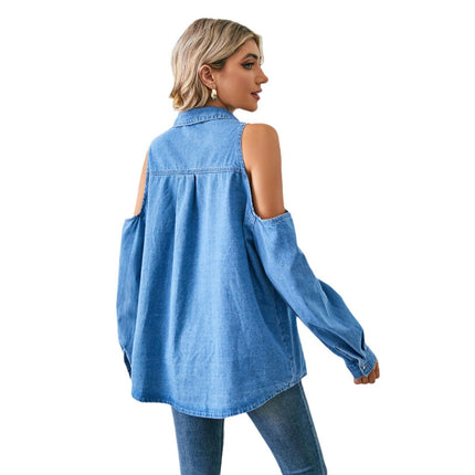 Women's Long Sleeve V Neck Loose Button Down Denim Shirt Tops