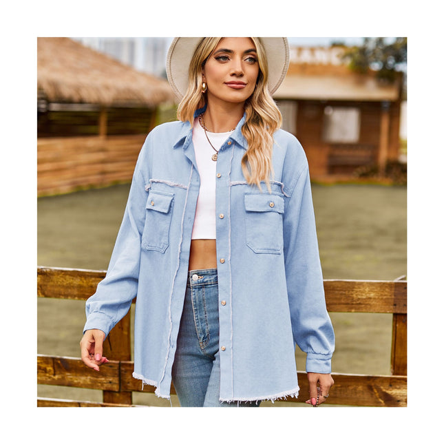 Women Collared Denim Shirt Long Sleeve Pocket Button Down Jean Shirts