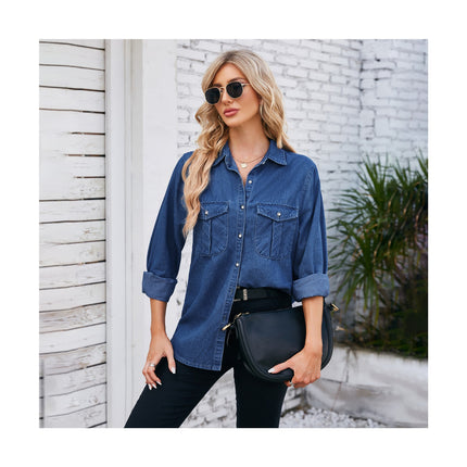 Women Long Sleeve Denim Shirt Button Down Jean Shirts Casual Blouse Top