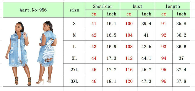Women's Distressed Ripped Sleeveless Mid Long Denim Jacket Jean Vest Cardigan Coats