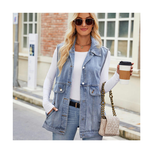 Women's Oversized Denim Vest Mid Long Sleeveless Jean Jacket with Pockets