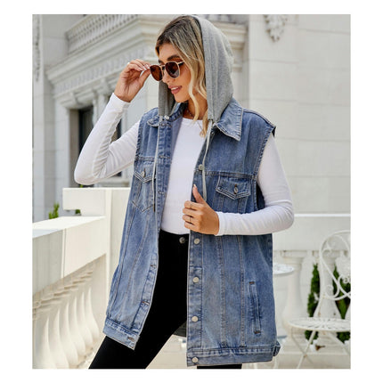 Women's Denim Vest Lapel Sleeveless Button Down Jean Jacket