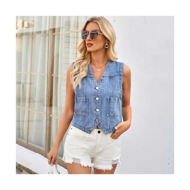 Women's Denim Jakcet Sleeveless V Neck Button Down Casual Jean Waistcoat Vest