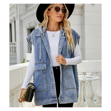 Women's Denim Vest Jean Lapel Sleeveless Button Down Waistcoat Jacket