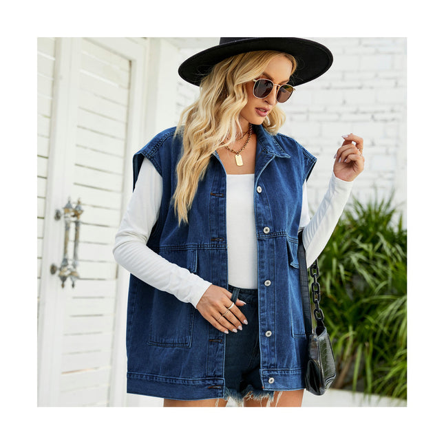 Women's Denim Vest Jean Lapel Sleeveless Button Down Waistcoat Jacket