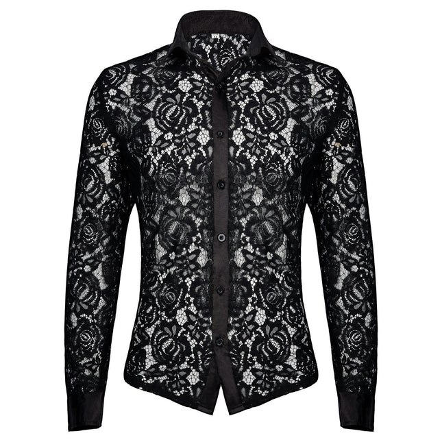 Mens Night Club Style Mesh See Through Long Sleeve Button Down Sexy Lace Floral Dress Shirts