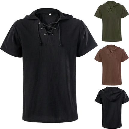 Men's Vintage Hooded Design Short Sleeve Lace up Shirts for Renaissance Pirate Viking Medieval Costume