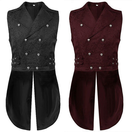 Mens Gothic Steampunk Double Breasted Jacquard Brocade Vest Waistcoat Sleeveless Tailcoat