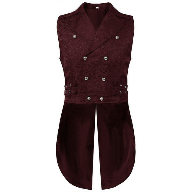 Mens Gothic Steampunk Double Breasted Jacquard Brocade Vest Waistcoat Sleeveless Tailcoat