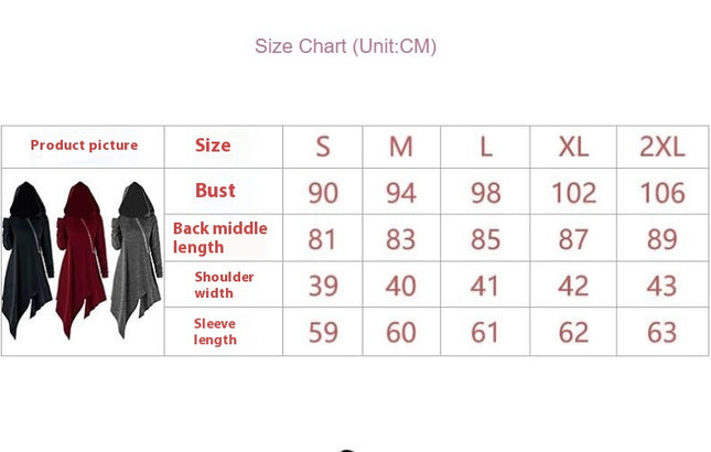 Women's Medieval Vintage Loose Irregular Hem Dress Zipper Hooded Dress