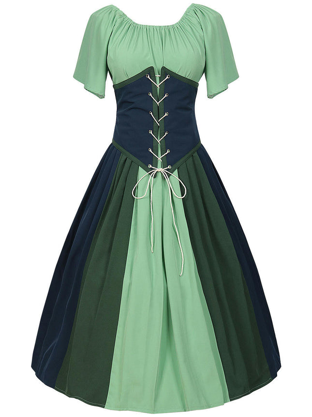 Women's Medieval Vintage Clashing Color Splicing Lace Up Waisted Big Hem Dress One Shoulder Dresses