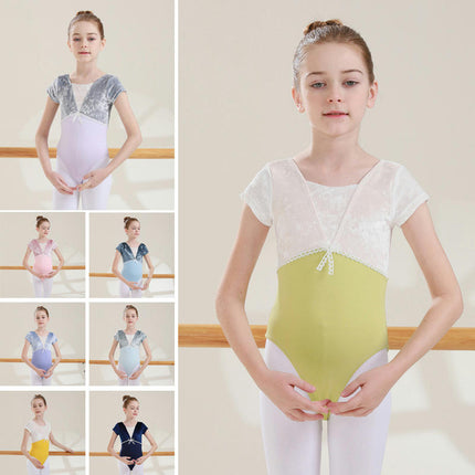 Girls Dancewear Short Sleeve Dancewear Patchwork Velvet Short Sleeve Ballet Wear 1
