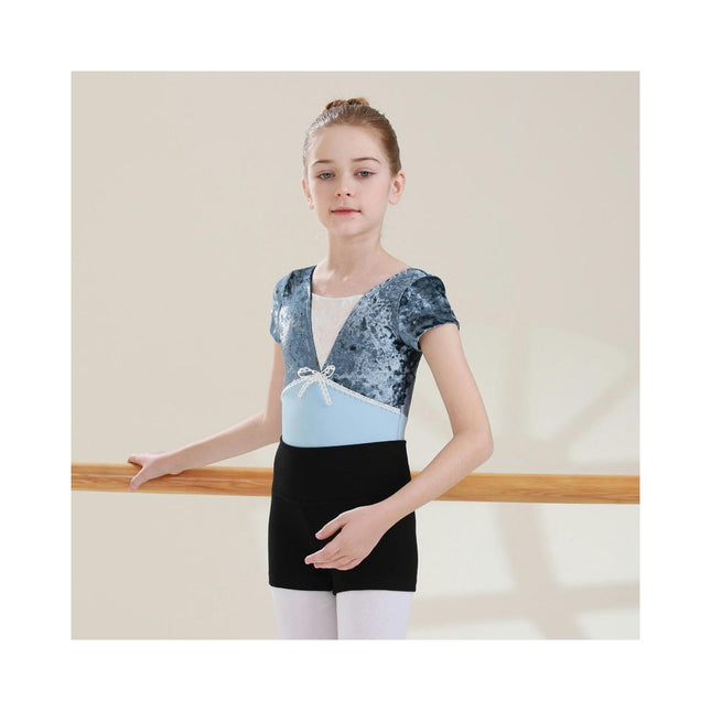 Girls Dancewear Short Sleeve Dancewear Patchwork Velvet Short Sleeve Ballet Wear 1