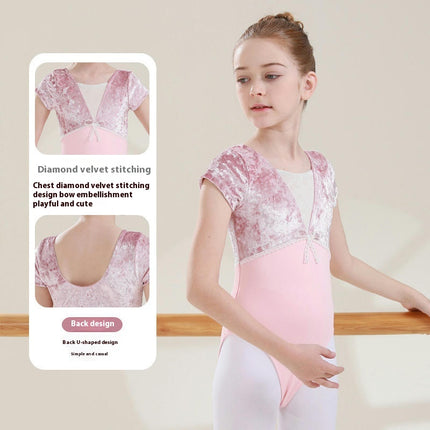 Girls Dancewear Short Sleeve Dancewear Patchwork Velvet Short Sleeve Ballet Wear 1