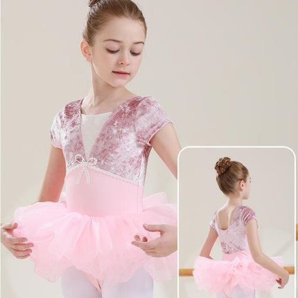 Girls Dancewear Short Sleeve Dancewear Patchwork Velvet Short Sleeve Ballet Wear 1