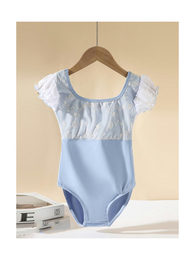 Girls Ballet Dance Embroidered Jumpsuit for Toddler Gymnastics, Puff Sleeve Ballet Dance Leotard