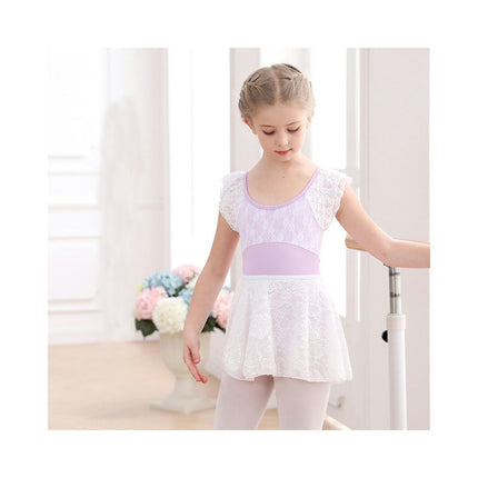 Girls Short Sleeve Lace Ballet Leotard with Detachable Tutu Set 1