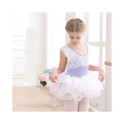 Girls Short Sleeve Lace Ballet Leotard with Detachable Tutu Set 1