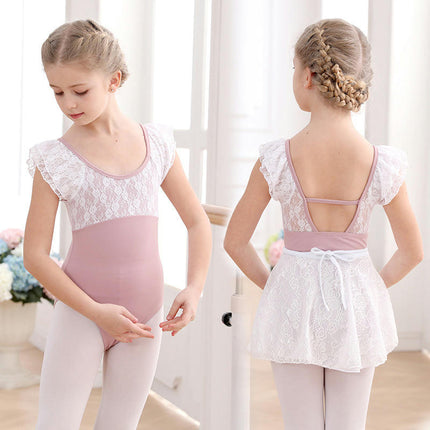 Girls Short Sleeve Lace Ballet Costume Toddler Exam Dress Gymnastics Costume With Short Skirt Suit 1