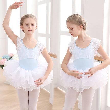 Girls Short Sleeve Lace Ballet Costume Toddler Exam Dress Gymnastics Costume With Short Skirt Suit 1
