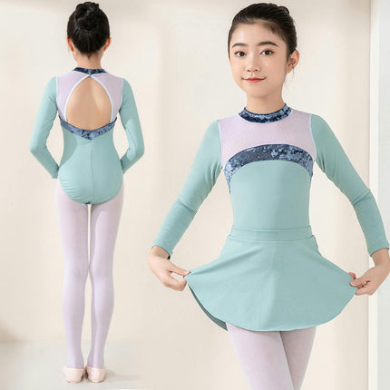 Girls Long Sleeve Color Blocking Ballet Costume Toddler Exam Dress Gymnastics Suit Set