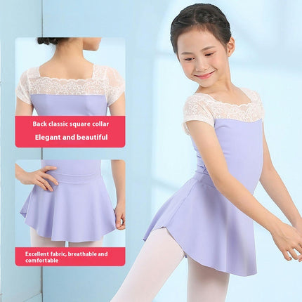 Girls Leotard Ballet Costume Lace Collar Short Sleeve Dance Costume 1