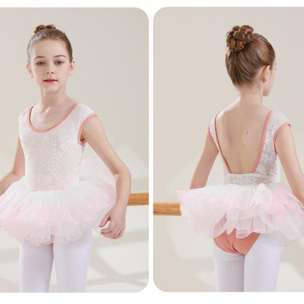 Big Kids Round Neck Jacquard Can Sleeve Dancewear Ballet Performance Costume 1