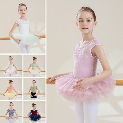 Big Kids Round Neck Jacquard Can Sleeve Dancewear Ballet Performance Costume 1