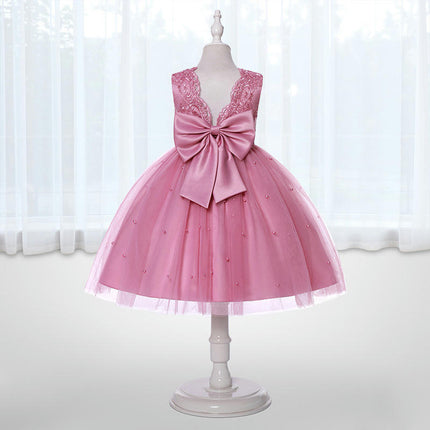Flower Girl Bow Gown Embroidered Beaded Pageant Gown Birthday Tulle Dress