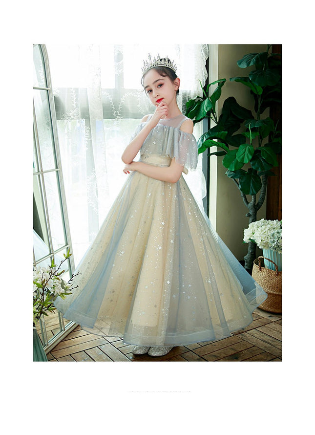 Flower Girl Sparkling Tulle Dress - Girls Long Dress Off Shoulder Princess Dress