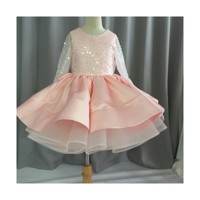 Kids Wedding Dresses - Girls Long Sleeve Lace Sequin Performance Birthday Tutu Skirt