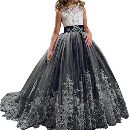 Fancy Flower Girl Dress Long Lace Pageant Puffy Tulle Ball Gown-A1 1