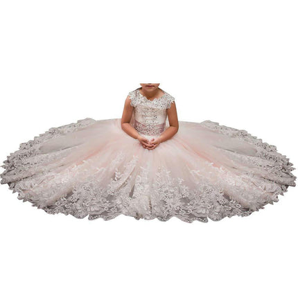 Fancy Flower Girl Dress Long Lace Pageant Puffy Tulle Ball Gown-A1