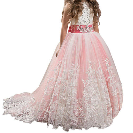 Fancy Flower Girl Dress Long Lace Pageant Puffy Tulle Ball Gown-A1 1