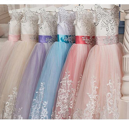 Fancy Flower Girl Dress Long Lace Pageant Puffy Tulle Ball Gown-A1 1