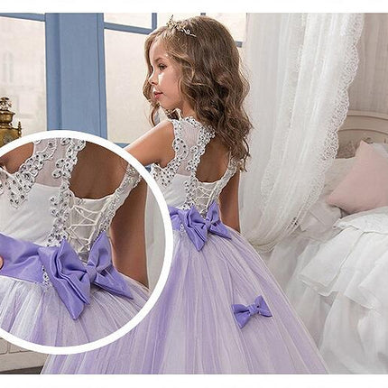 Fancy Flower Girl Dress Long Lace Pageant Puffy Tulle Ball Gown-A1