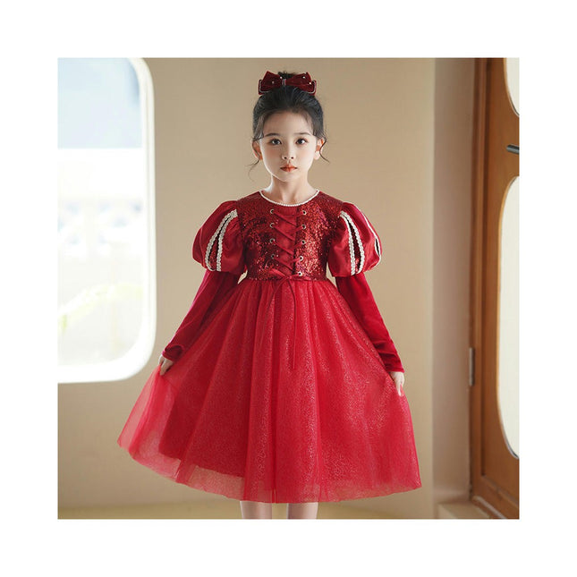 Girls Long Sleeve Princess Dress Autumn Winter Velvet Sequin Tulle Skirt Party Dress Dress
