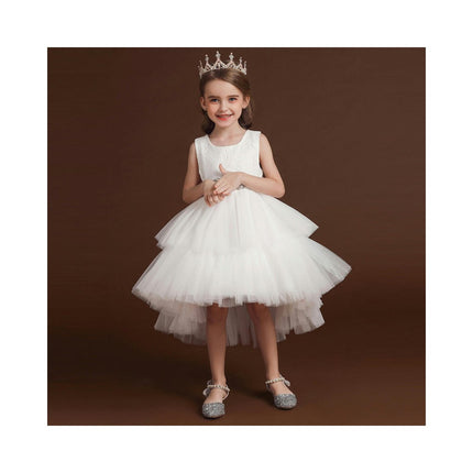 Girls Sleeveless Wedding Dresses Princess Dresses Flower Girl Party Pom Pom Tow Tail Dresses