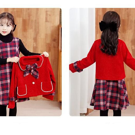 Toddler Girls Clothing 2 Piece Girls Plaid Sleeveless Dress and Button Cardigan Set