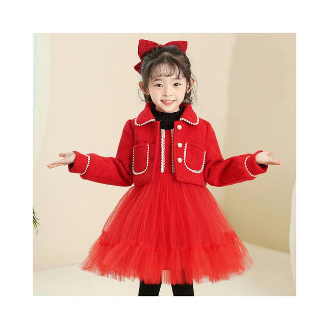 Girls Autumn and Winter Set Woolen Button Short Coat Vest Mesh Dress 2-piece Set
